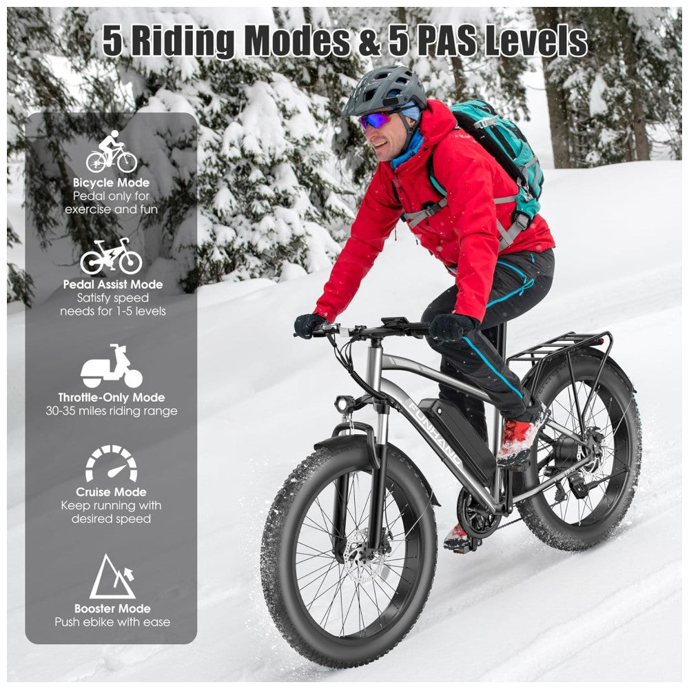 Bicicleta Elétrica Funhang EB-S1 26" Cinza Prata | Motor 1000W, Bateria 48V 13Ah, 7 Velocidades, 5 Modos de Condução