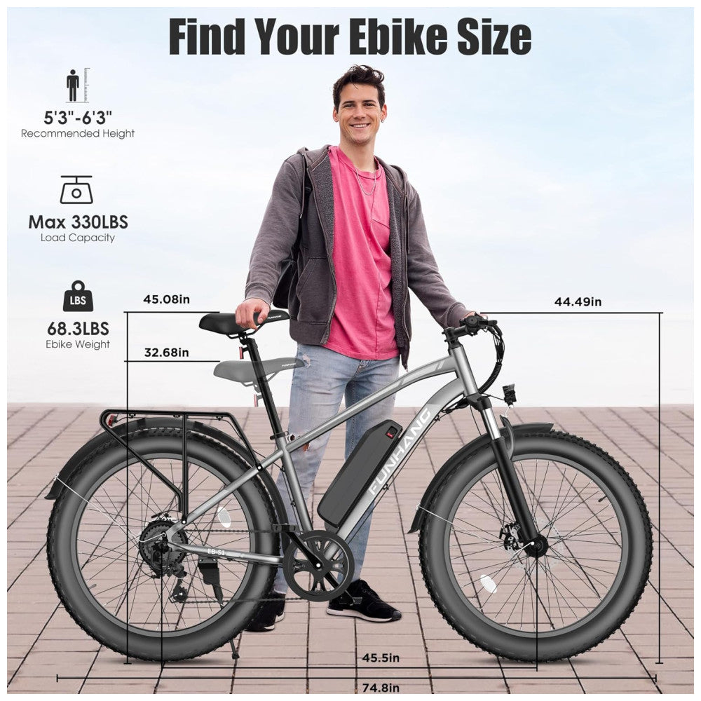 Bicicleta Elétrica Funhang EB-S1 26" Cinza Prata | Motor 1000W, Bateria 48V 13Ah, 7 Velocidades, 5 Modos de Condução