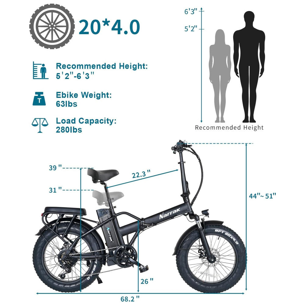 Bicicleta Elétrica Dobrável Narrak S129 Laranja StepOver, Motor Traseiro 750W Pico 1100W , Bateria 48V 13Ah 624Wh , Pneus Largos 20 x4 , Freios a Disco Duplos, Suspensão Dianteira, Transmissão SHIMANO 7 Velocidades, Velocidade Máxima 45,1 km h, Preta