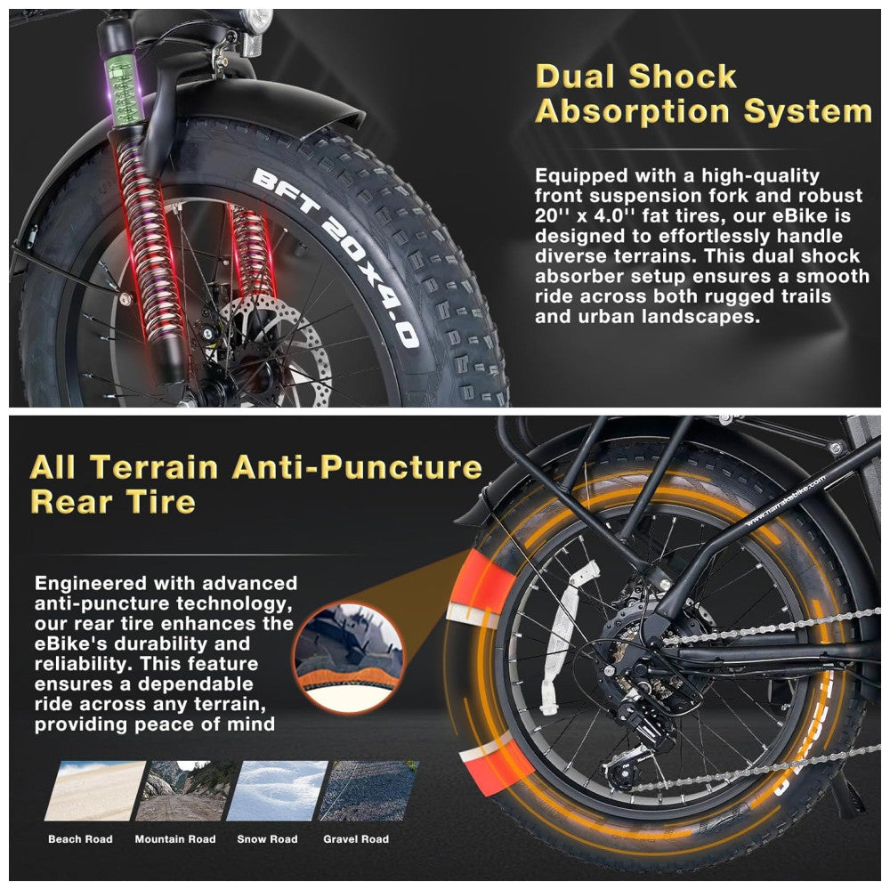 Bicicleta Elétrica Dobrável Narrak S129 Laranja StepOver, Motor Traseiro 750W Pico 1100W , Bateria 48V 13Ah 624Wh , Pneus Largos 20 x4 , Freios a Disco Duplos, Suspensão Dianteira, Transmissão SHIMANO 7 Velocidades, Velocidade Máxima 45,1 km h, Preta