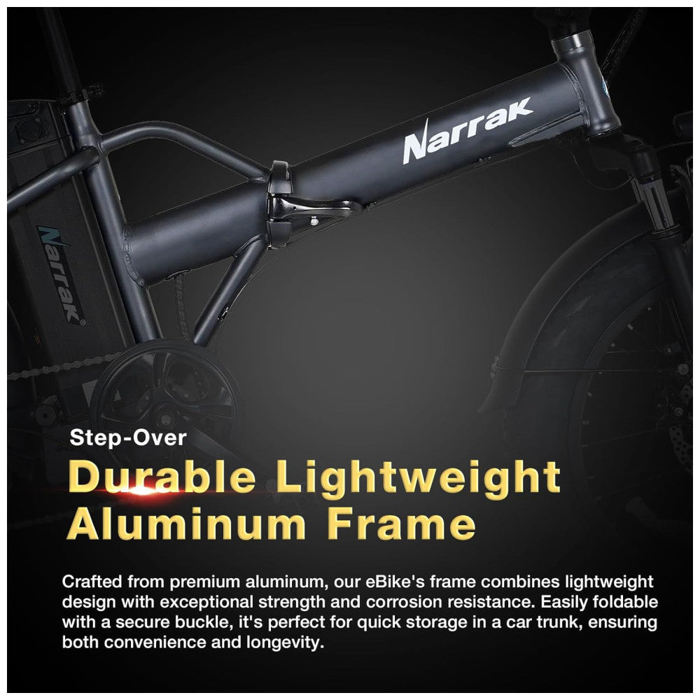 Bicicleta Elétrica Dobrável Narrak S129 Laranja StepOver, Motor Traseiro 750W Pico 1100W , Bateria 48V 13Ah 624Wh , Pneus Largos 20 x4 , Freios a Disco Duplos, Suspensão Dianteira, Transmissão SHIMANO 7 Velocidades, Velocidade Máxima 45,1 km h, Preta