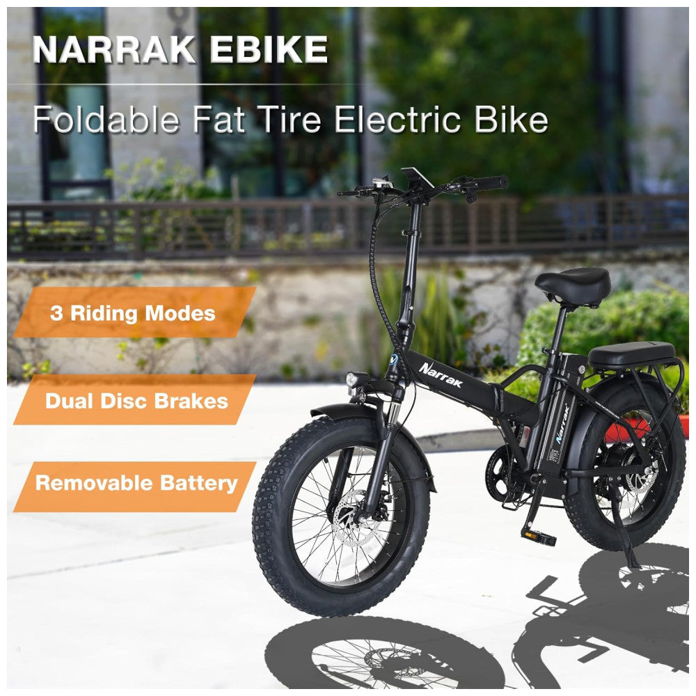 Bicicleta Elétrica Dobrável Narrak S129 Laranja StepOver, Motor Traseiro 750W Pico 1100W , Bateria 48V 13Ah 624Wh , Pneus Largos 20 x4 , Freios a Disco Duplos, Suspensão Dianteira, Transmissão SHIMANO 7 Velocidades, Velocidade Máxima 45,1 km h, Preta