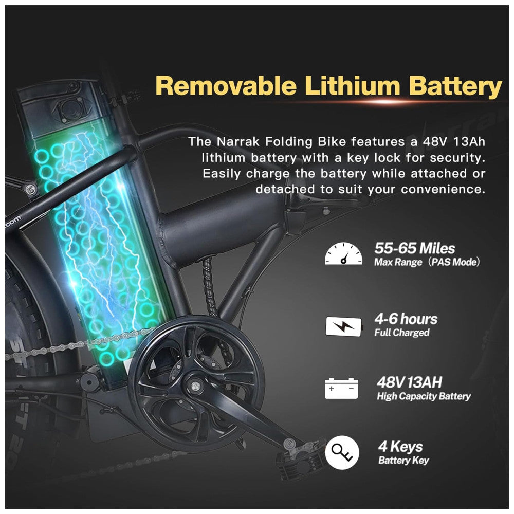 Bicicleta Elétrica Dobrável Narrak S129 Laranja StepOver, Motor Traseiro 750W Pico 1100W , Bateria 48V 13Ah 624Wh , Pneus Largos 20 x4 , Freios a Disco Duplos, Suspensão Dianteira, Transmissão SHIMANO 7 Velocidades, Velocidade Máxima 45,1 km h, Preta