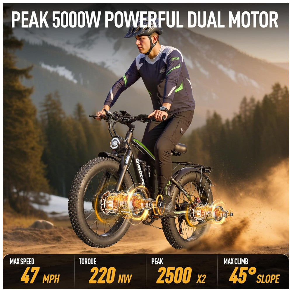 Bicicleta Elétrica Dual Motor Qweepei E2 5000W, Bateria removível de 52V 32Ah (1664Wh), Suspensão Dianteira e Traseira, Freios Hidráulicos a Disco Duplos, Rodas 24"x4" Off-Road, Display LCD Inteligente, 7 Marchas, Velocidade Máxima 75km/h, PRETA