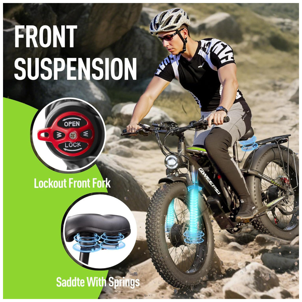 Bicicleta Elétrica Dual Motor Qweepei E2 5000W, Bateria removível de 52V 32Ah (1664Wh), Suspensão Dianteira e Traseira, Freios Hidráulicos a Disco Duplos, Rodas 24"x4" Off-Road, Display LCD Inteligente, 7 Marchas, Velocidade Máxima 75km/h, PRETA