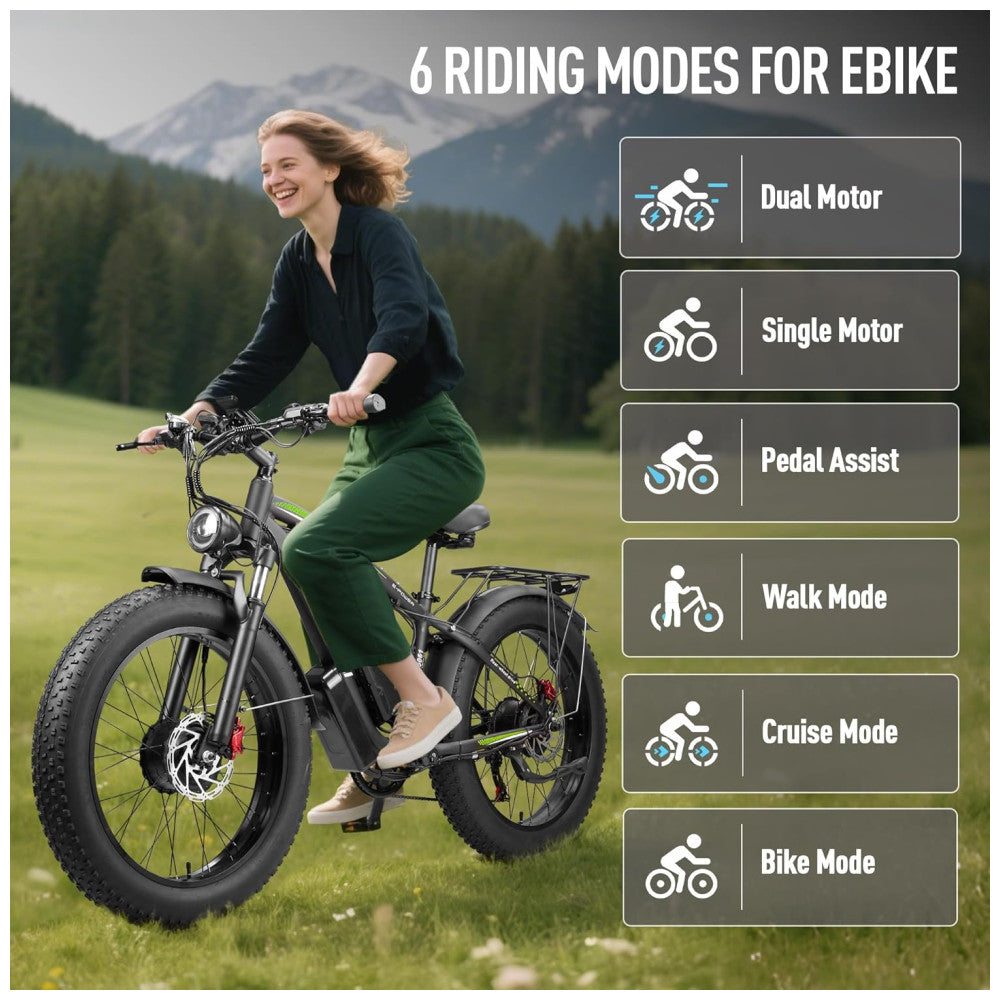 Bicicleta Elétrica Dual Motor Qweepei E2 5000W, Bateria removível de 52V 32Ah (1664Wh), Suspensão Dianteira e Traseira, Freios Hidráulicos a Disco Duplos, Rodas 24"x4" Off-Road, Display LCD Inteligente, 7 Marchas, Velocidade Máxima 75km/h, PRETA