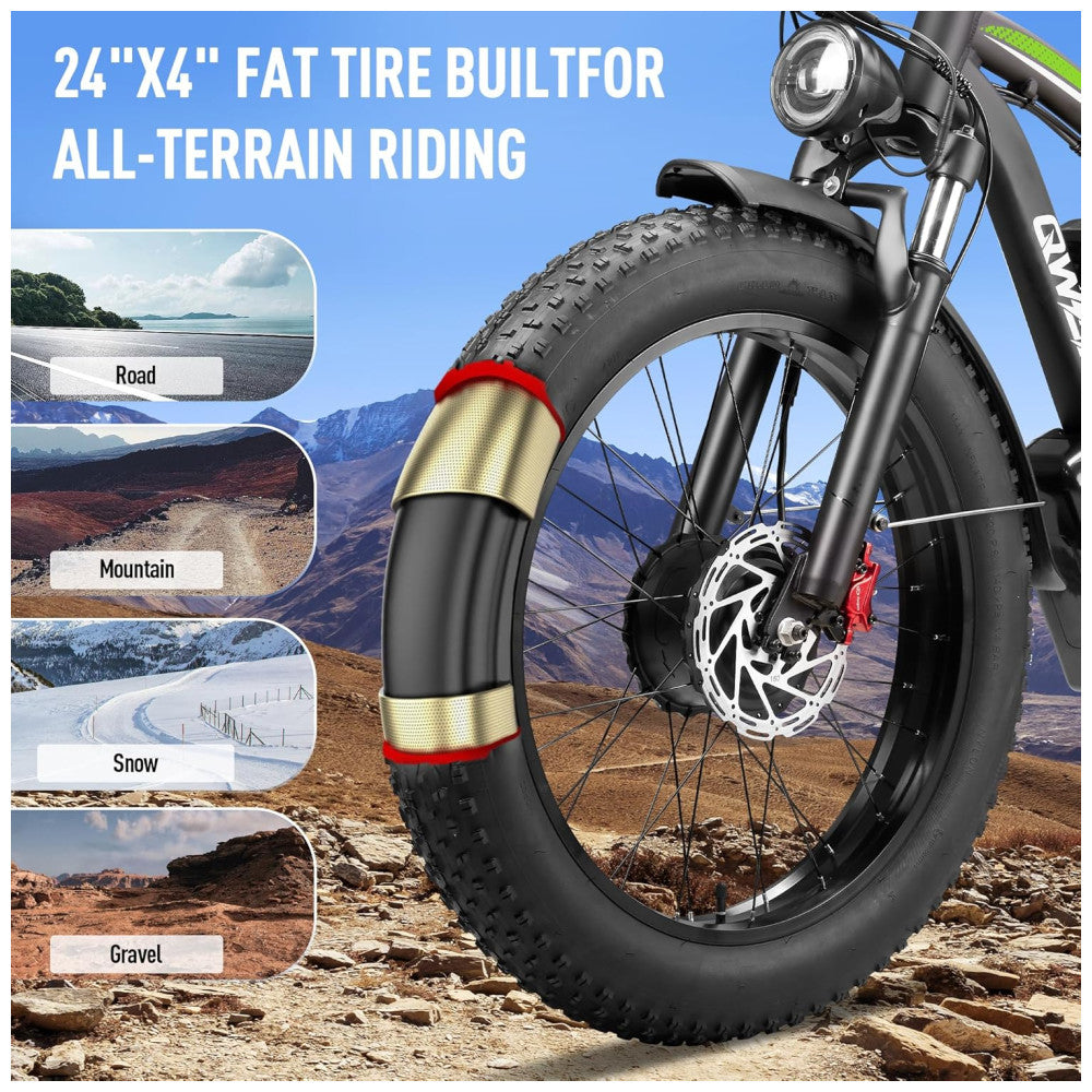 Bicicleta Elétrica Dual Motor Qweepei E2 5000W, Bateria removível de 52V 32Ah (1664Wh), Suspensão Dianteira e Traseira, Freios Hidráulicos a Disco Duplos, Rodas 24"x4" Off-Road, Display LCD Inteligente, 7 Marchas, Velocidade Máxima 75km/h, PRETA