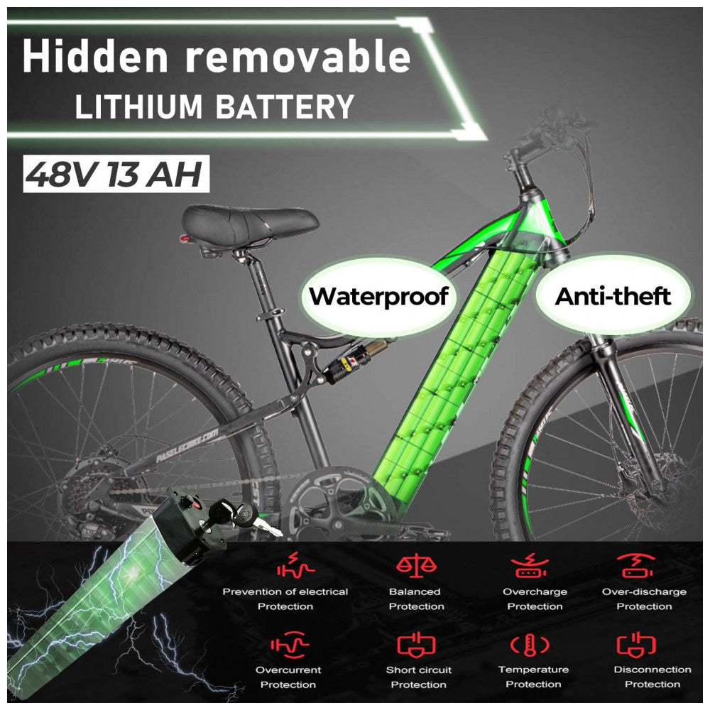 Bicicleta Elétrica Mountain Bike PASELEC GS9 750W com Bateria Removível 48V 16Ah, Freios Hidráulicos e Câmbio Shimano 8 Velocidades, Cinza Escuro
