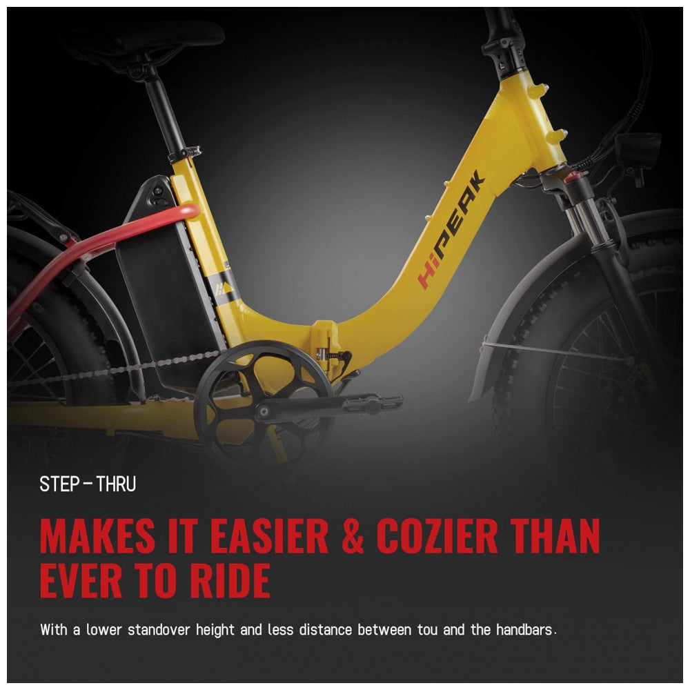 Bicicleta Elétrica Dobrável Hipeak Elias-Step Thru 750W – Pneus Largos, Suspensão Dianteira, Rodas 20", 7 Marchas, Cesta Inclusa – Amarelo