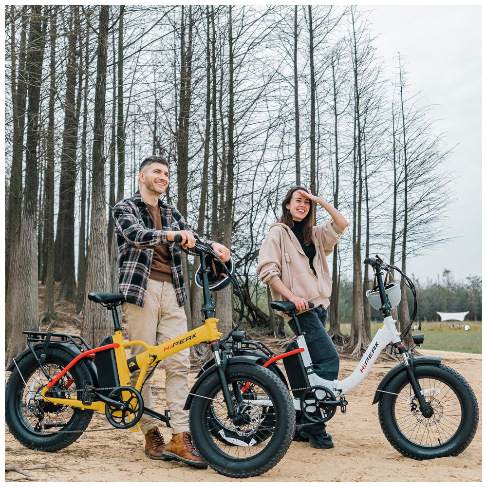 Bicicleta Elétrica Dobrável Hipeak Elias-Step Thru 750W – Pneus Largos, Suspensão Dianteira, Rodas 20", 7 Marchas, Cesta Inclusa – Amarelo