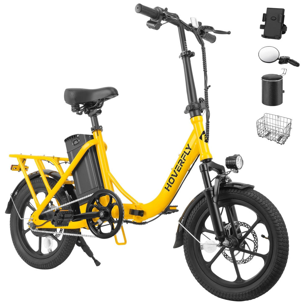 Bicicleta Elétrica Dobrável Hoverfly, 500W de Pico, 25 km h, 45 km de Alcance, Rodas 16 , Bateria Removível, Suspensão Dupla, Freios a Disco e Certificação UL2849, Amarela