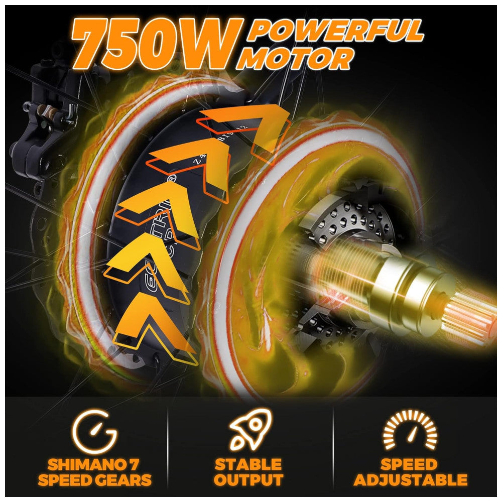Bicicleta Elétrica ECOTRIC Hammer 750W – Bateria 48V, Pneus Largos 26x4.0, Suspensão Dupla, Freio Hidráulico, Visor LCD com USB, 7 Velocidades – Laranja (Certificada UL)