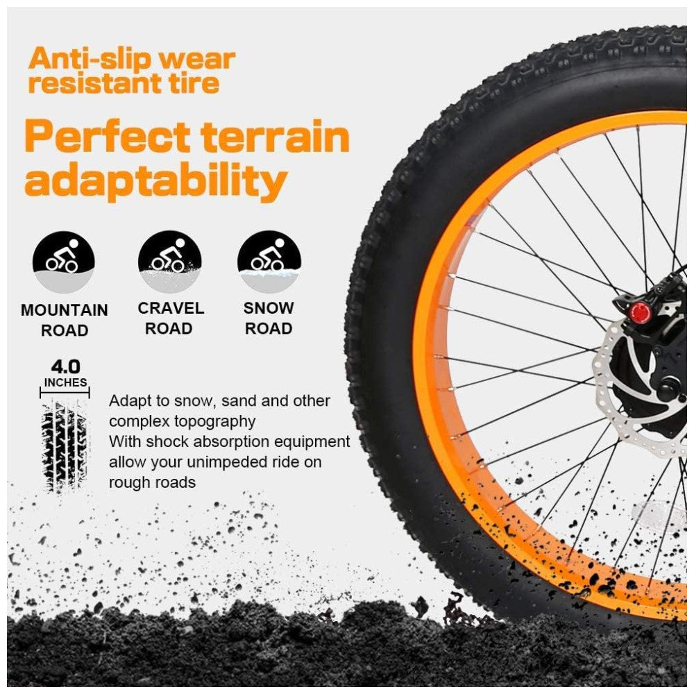 Bicicleta Elétrica ECOTRIC Hammer 750W – Bateria 48V, Pneus Largos 26x4.0, Suspensão Dupla, Freio Hidráulico, Visor LCD com USB, 7 Velocidades – Laranja (Certificada UL)