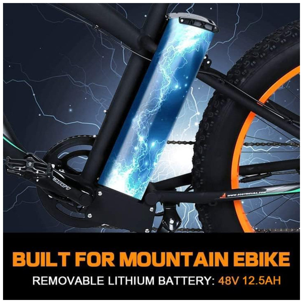 Bicicleta Elétrica ECOTRIC Hammer 750W – Bateria 48V, Pneus Largos 26x4.0, Suspensão Dupla, Freio Hidráulico, Visor LCD com USB, 7 Velocidades – Laranja (Certificada UL)