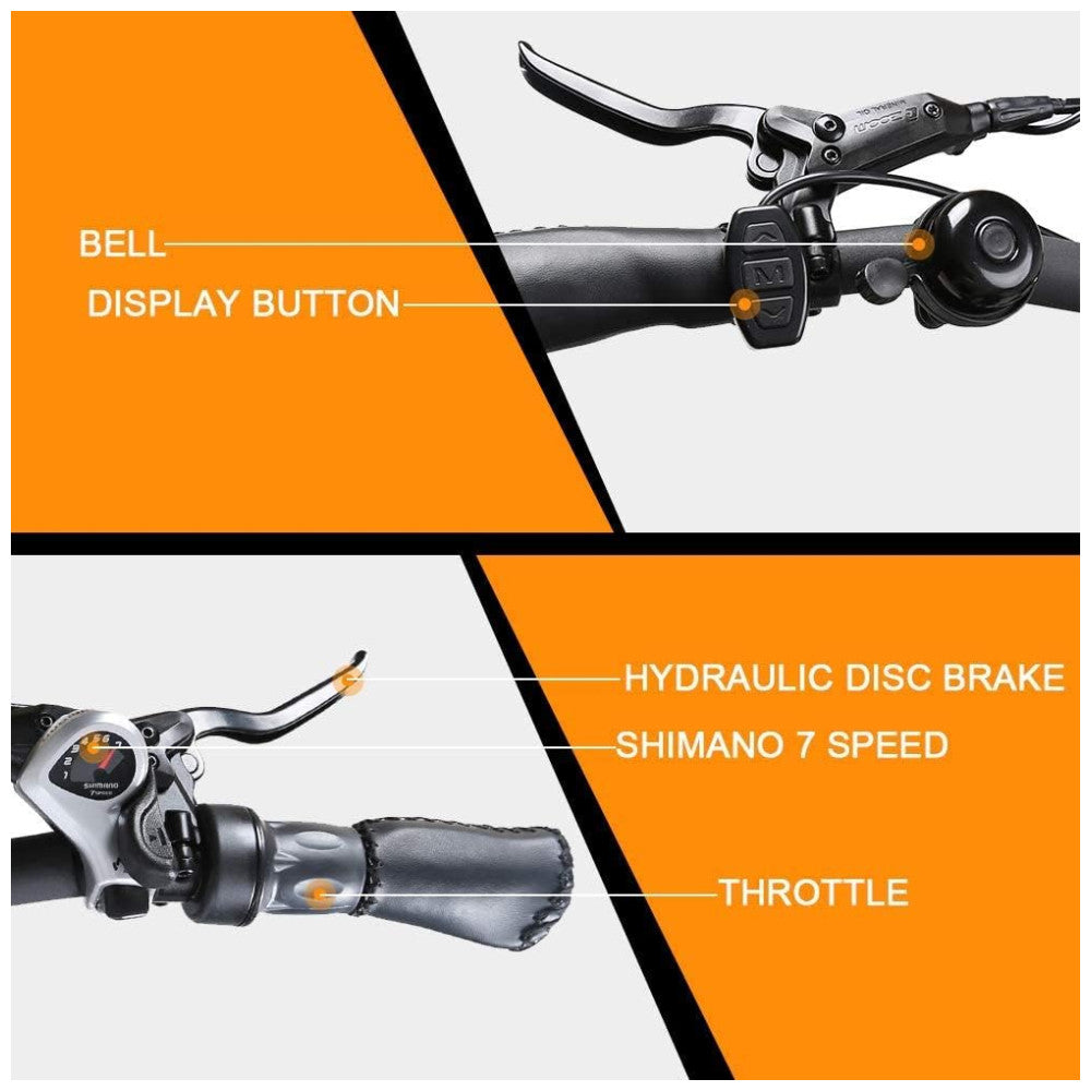 Bicicleta Elétrica ECOTRIC Hammer 750W – Bateria 48V, Pneus Largos 26x4.0, Suspensão Dupla, Freio Hidráulico, Visor LCD com USB, 7 Velocidades – Laranja (Certificada UL)