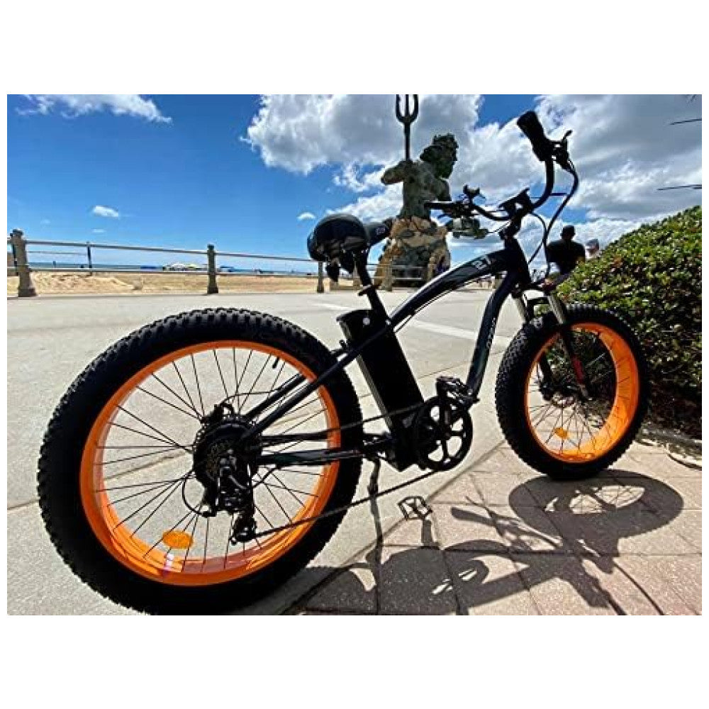 Bicicleta Elétrica ECOTRIC Hammer 750W – Bateria 48V, Pneus Largos 26x4.0, Suspensão Dupla, Freio Hidráulico, Visor LCD com USB, 7 Velocidades – Laranja (Certificada UL)