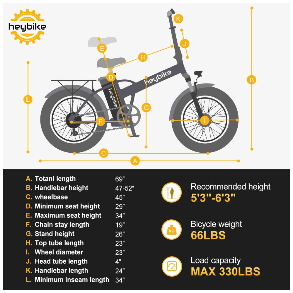 Bicicleta Elétrica Dobrável Heybike Mars 2.0 Preta | Autonomia 80 km, Velocidade 45 km/h, Motor 750W (Pico 1200W), Suspensão Total, Rodas 20", Câmbio 7V