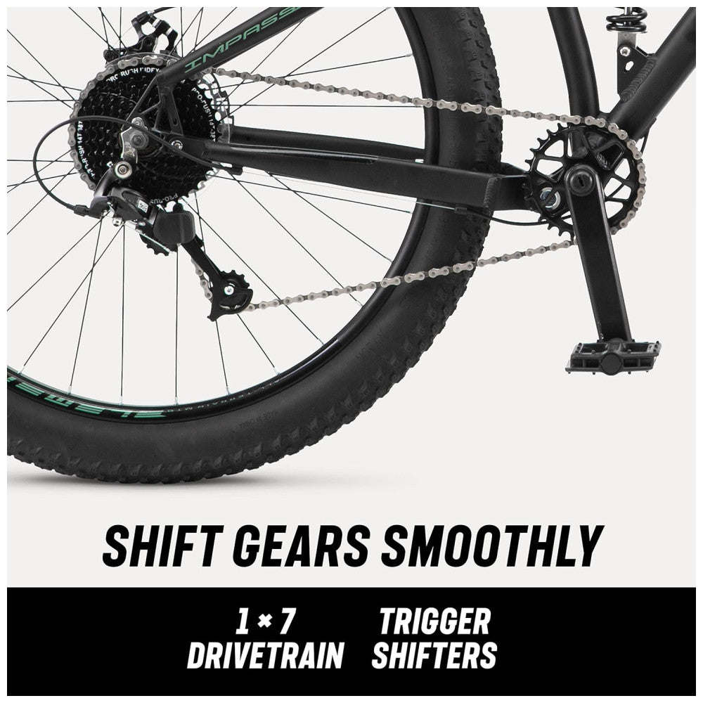 Bicicleta Mountain Bike Mongoose Impasse 1.0 – Suspensão Completa, Aro 27,5″, 7 Velocidades, Freios a Disco, Cor Matte Black