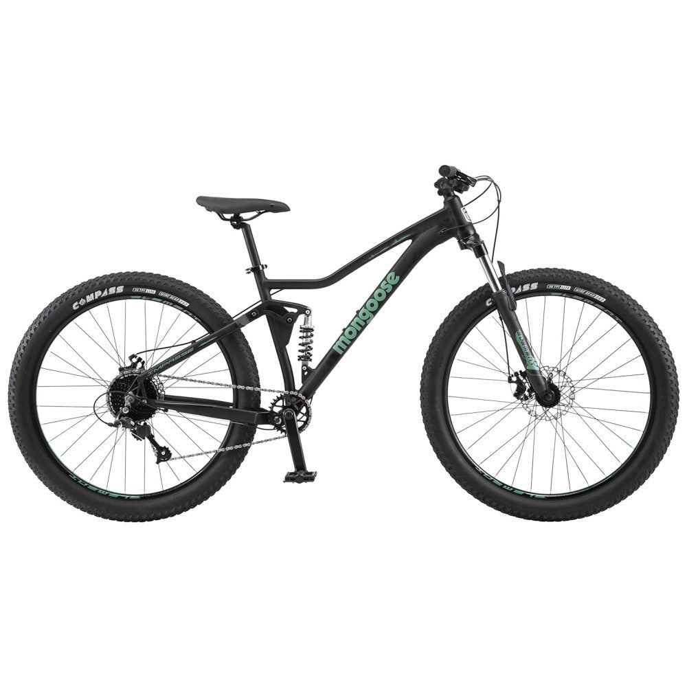 Bicicleta Mountain Bike Mongoose Impasse 1.0 – Suspensão Completa, Aro 27,5″, 7 Velocidades, Freios a Disco, Cor Matte Black