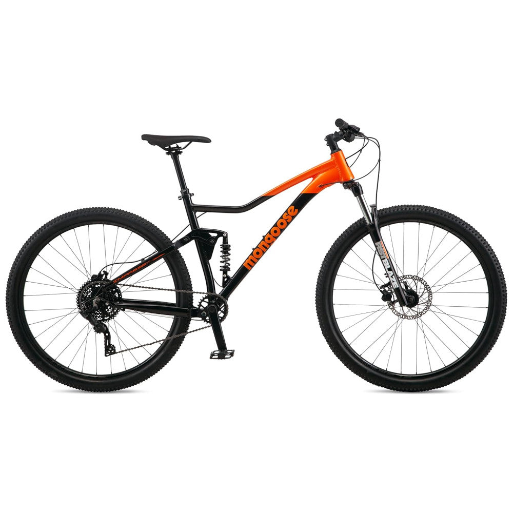 Bicicleta Mountain Bike Mongoose Impasse 1.0 – Aro 27,5″, 7 Velocidades, Suspensão Completa, Freios a Disco, Cor Laranja