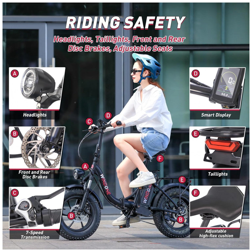 Bicicleta Elétrica para Adultos Windone S14S16, Velocidade Máxima de 31 km h, Autonomia de 4582 km PAS, Motor de Pico 750W, Dobrável, Leve, Amortecedo