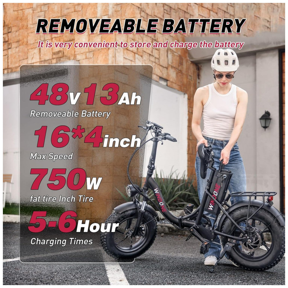 Bicicleta Elétrica para Adultos Windone S14S16, Velocidade Máxima de 31 km h, Autonomia de 4582 km PAS, Motor de Pico 750W, Dobrável, Leve, Amortecedo