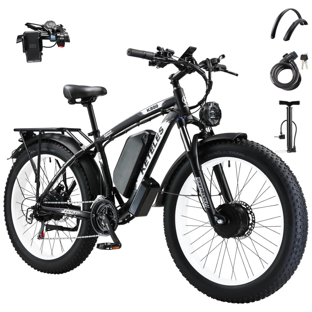 Bicicleta Elétrica KETELES Peak 4000W, Motor Duplo 2000W, Pneus 26 , Bateria 1104Wh, Freios Hidráulicos, Suspensão Completa, até 56 km h, Preta e Branca