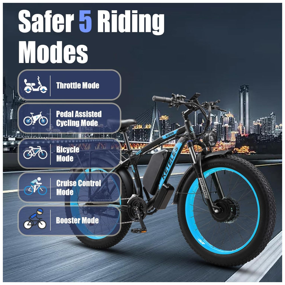 Bicicleta Elétrica KETELES Peak 4000W, Motor Duplo 2000W, Pneus 26 , Bateria 1104Wh, Freios Hidráulicos, Suspensão Completa, até 56 km h, Preta e Branca