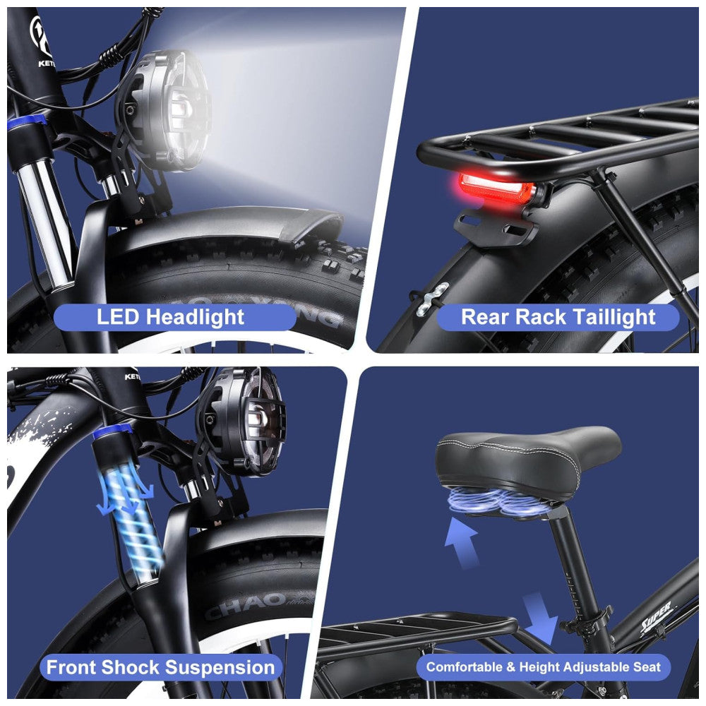 Bicicleta Elétrica KETELES Peak 4000W, Motor Duplo 2000W, Pneus 26 , Bateria 1104Wh, Freios Hidráulicos, Suspensão Completa, até 56 km h, Preta e Branca