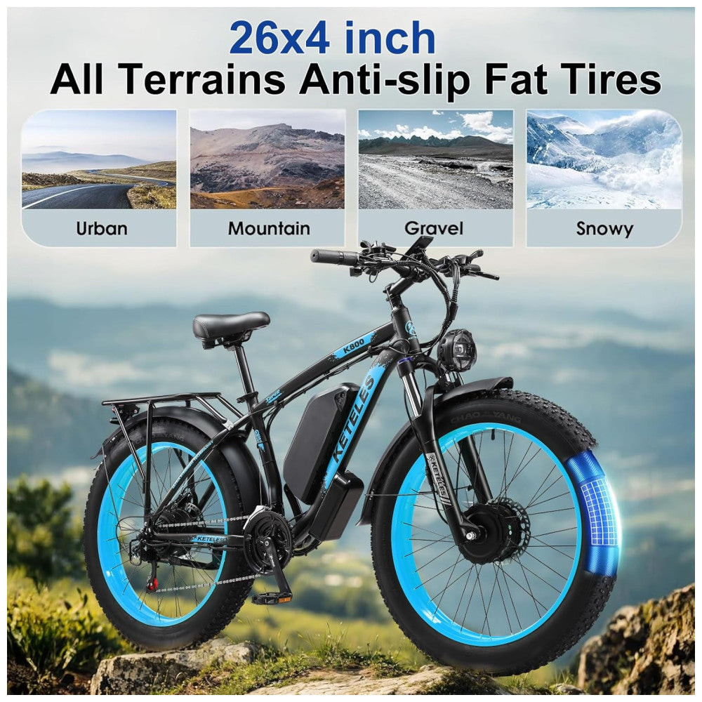 Bicicleta Elétrica KETELES Peak 4000W, Motor Duplo 2000W, Pneus 26 , Bateria 1104Wh, Freios Hidráulicos, Suspensão Completa, até 56 km h, Preta e Branca