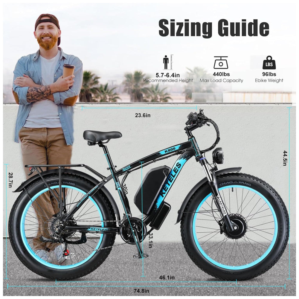 Bicicleta Elétrica KETELES Peak 4000W, Motor Duplo 2000W, Pneus 26 , Bateria 1104Wh, Freios Hidráulicos, Suspensão Completa, até 56 km h, Preta e Branca
