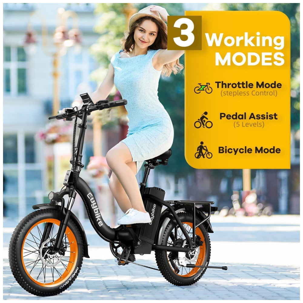 Bicicleta Elétrica Dobrável KEBIKO 750W, Bateria 48V 20Ah, Velocidade 48 km h, Suspensão Dupla, Freios a Disco, Rodas 20 , Display LCD, PRETA e LARANJA