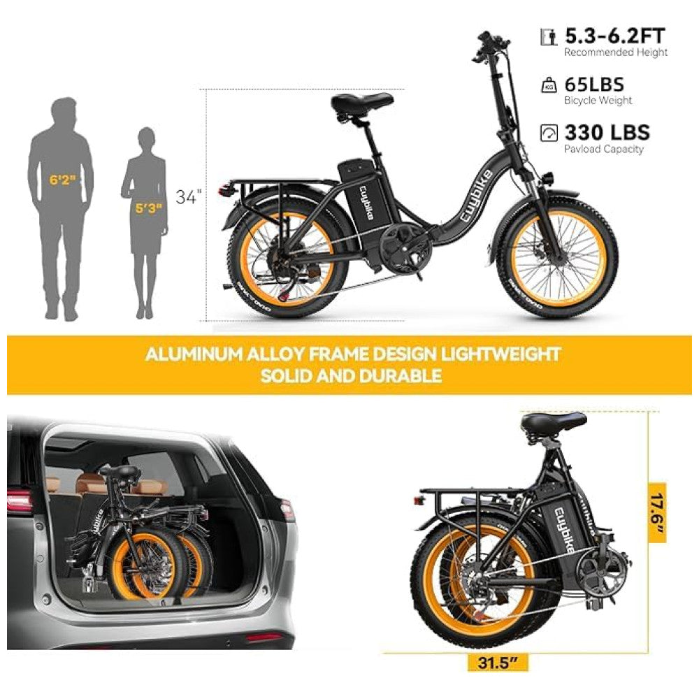Bicicleta Elétrica Dobrável KEBIKO 750W, Bateria 48V 20Ah, Velocidade 48 km h, Suspensão Dupla, Freios a Disco, Rodas 20 , Display LCD, PRETA e LARANJA