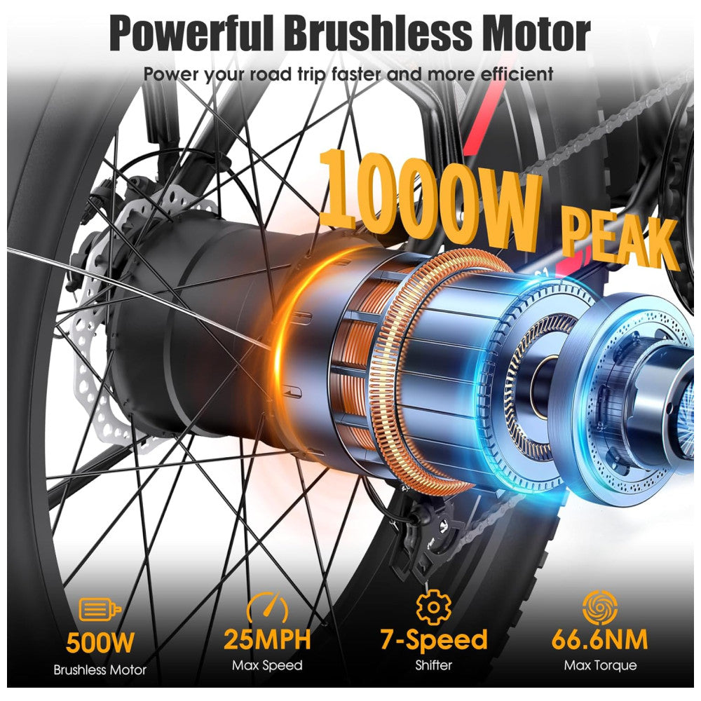 Bicicleta Elétrica Dobrável Funhang EB-S1 26" | Motor 1000W, Bateria 48V 13Ah Removível, 7 Velocidades, 5 Modos de Condução