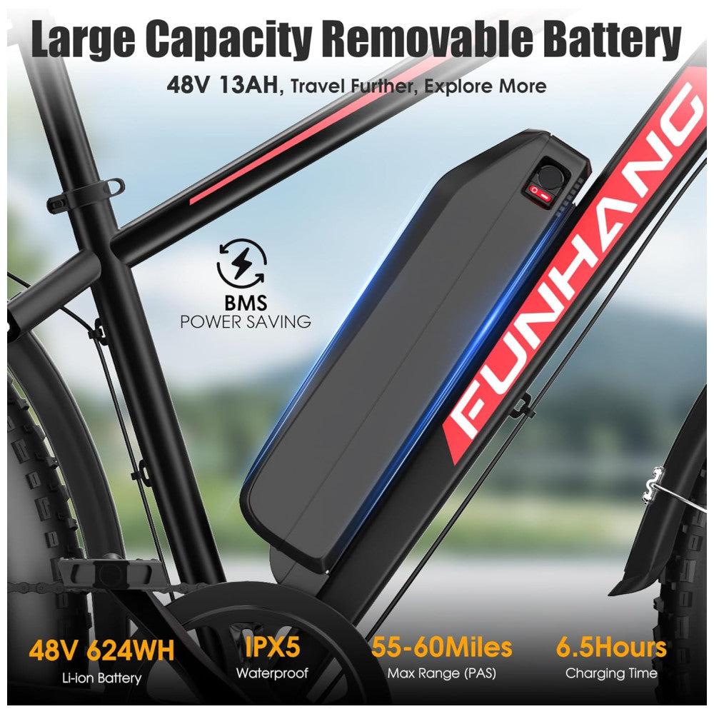Bicicleta Elétrica Dobrável Funhang EB-S1 26" | Motor 1000W, Bateria 48V 13Ah Removível, 7 Velocidades, 5 Modos de Condução