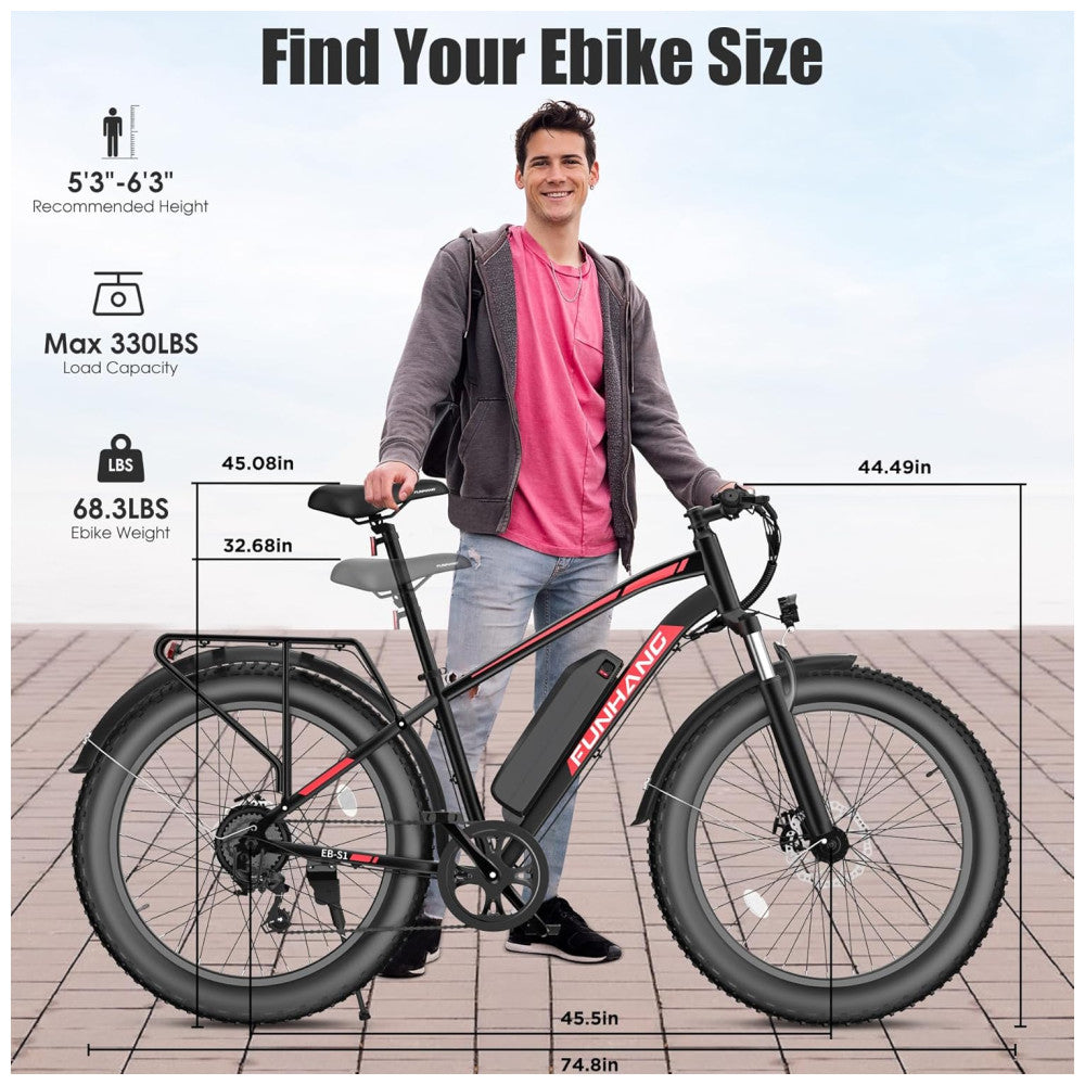Bicicleta Elétrica Dobrável Funhang EB-S1 26" | Motor 1000W, Bateria 48V 13Ah Removível, 7 Velocidades, 5 Modos de Condução
