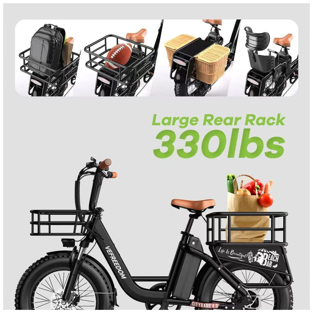 Bicicleta Elétrica CityRang 4.0 – Motor 750 W (Pico 1500 W), Bateria 48V 20Ah Removível, 7 Velocidades, Freios a Disco Duplo, 20” Pneus Fat, Alcance até 112 km