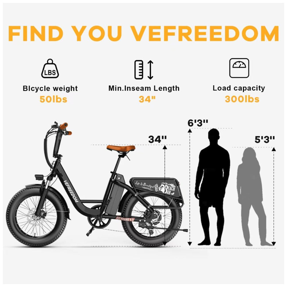 Bicicleta Elétrica CityRang 4.0 – Motor 750 W (Pico 1500 W), Bateria 48V 20Ah Removível, 7 Velocidades, Freios a Disco Duplo, 20” Pneus Fat, Alcance até 112 km