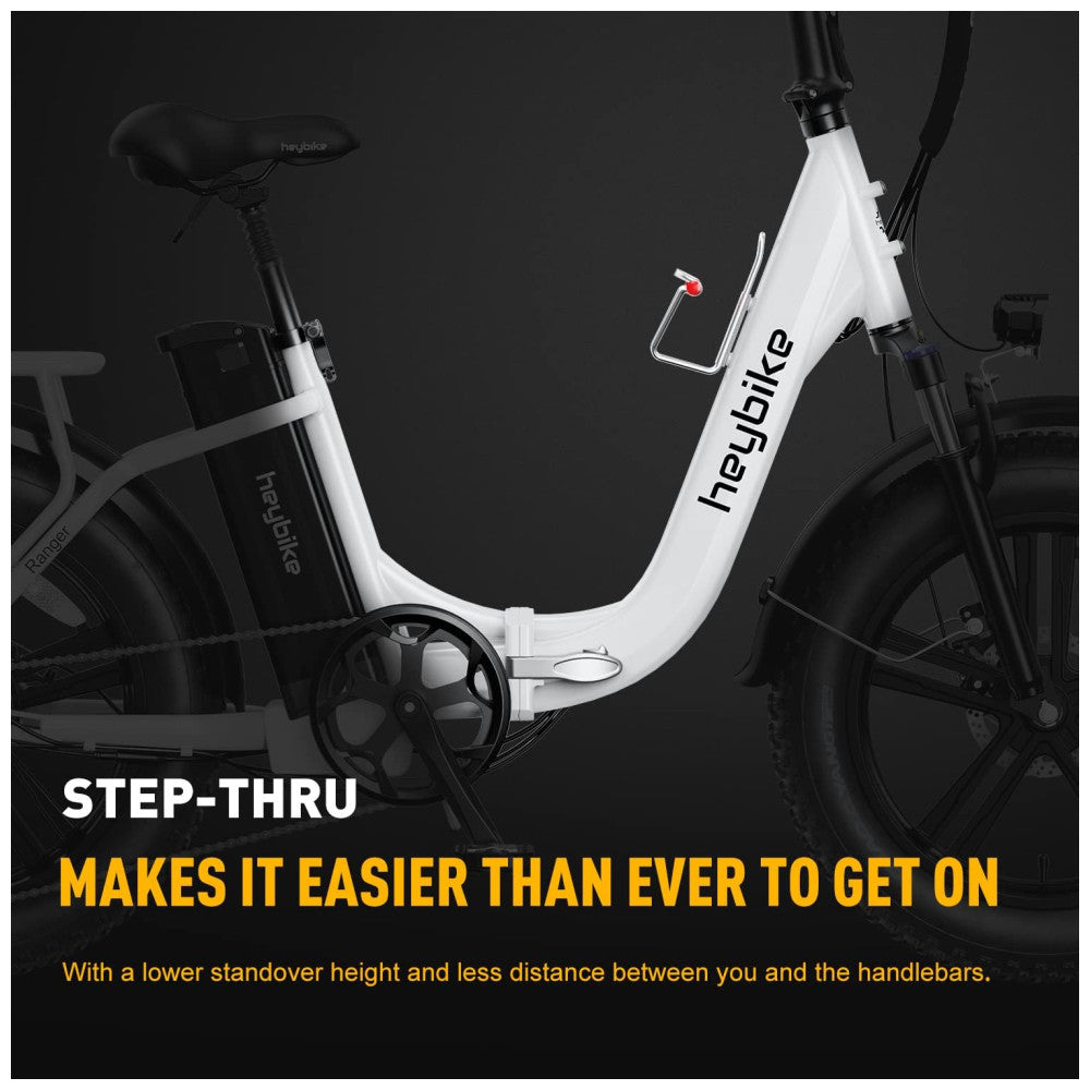 Bicicleta Elétrica Dobrável Heybike Ranger Branca Autonomia 88 km, Velocidade 40 km h, Pneus 20 x4 , Câmbio Shimano 7V, Suspensão Frontal, Freios a Disco
