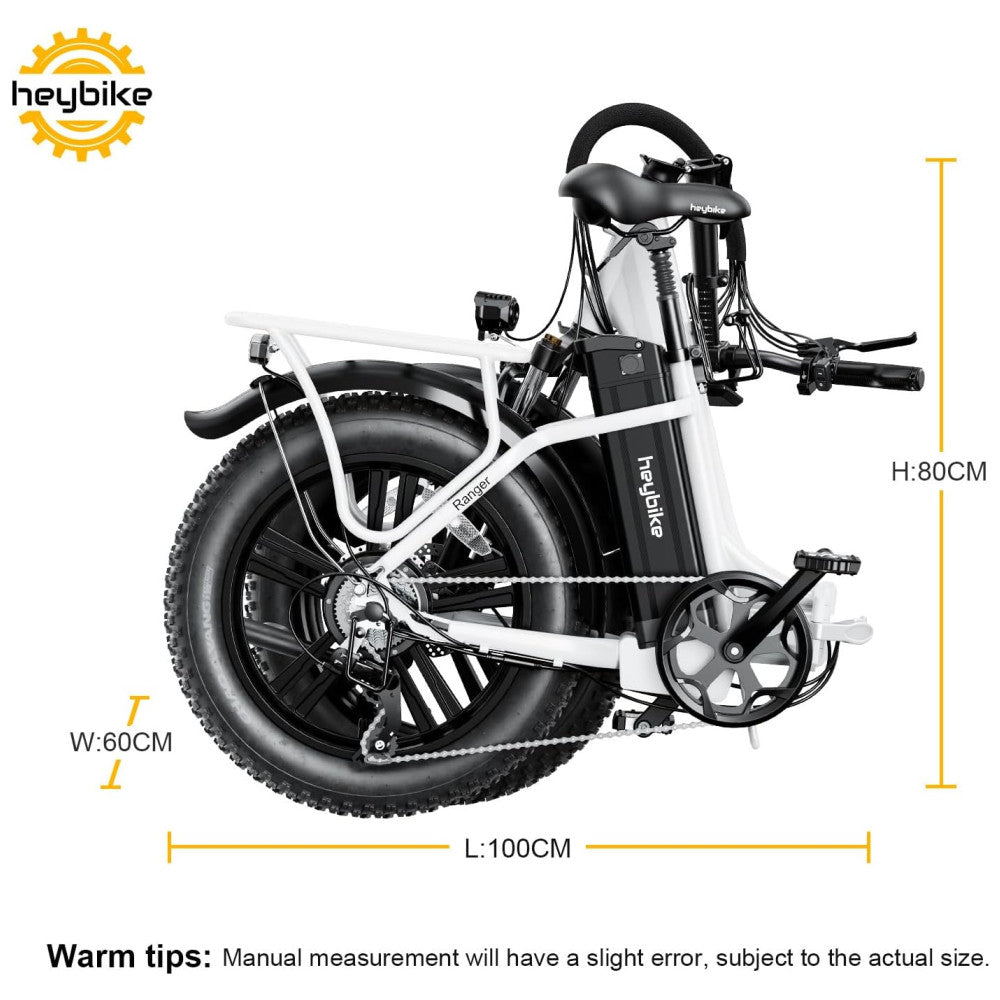 Bicicleta Elétrica Dobrável Heybike Ranger Branca Autonomia 88 km, Velocidade 40 km h, Pneus 20 x4 , Câmbio Shimano 7V, Suspensão Frontal, Freios a Disco