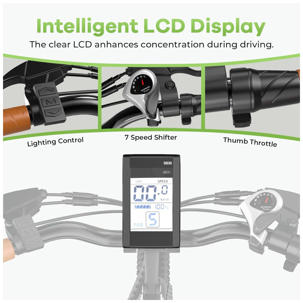 Bicicleta Elétrica Aoango EK2 1000W Pico – Velocidade Máxima 40km/h, Autonomia 128km, Rodas 26", Suspensão Frontal, Câmbio Shimano 7V, Bateria 48V 15Ah Removível, LCD Colorido, Verde