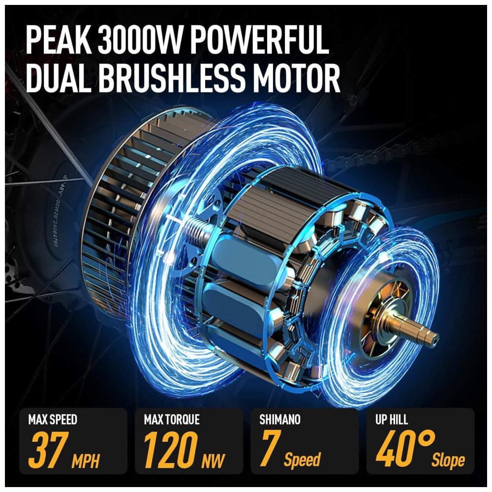 Bicicleta Elétrica Qweepei E7 48V, Motor 3000W, Bateria 48V 23Ah Removível, Suspensão Total com Garfo Dianteiro Trava e Amortecedor Traseiro, Freios Hidráulicos a Disco Duplos, Rodas 24 26 Todo Terreno, 7 Marchas, Display LCD Inteligente, PRETA