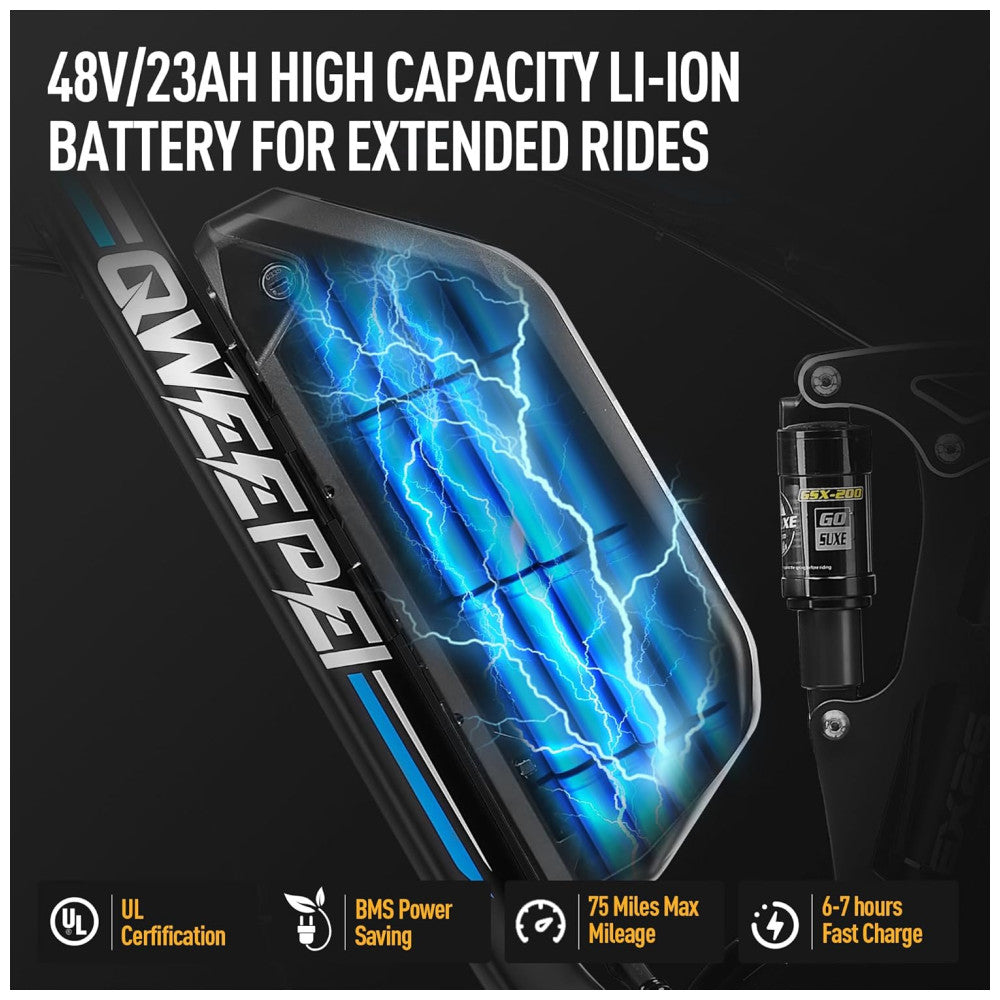 Bicicleta Elétrica Qweepei E7 48V, Motor 3000W, Bateria 48V 23Ah Removível, Suspensão Total com Garfo Dianteiro Trava e Amortecedor Traseiro, Freios Hidráulicos a Disco Duplos, Rodas 24 26 Todo Terreno, 7 Marchas, Display LCD Inteligente, PRETA