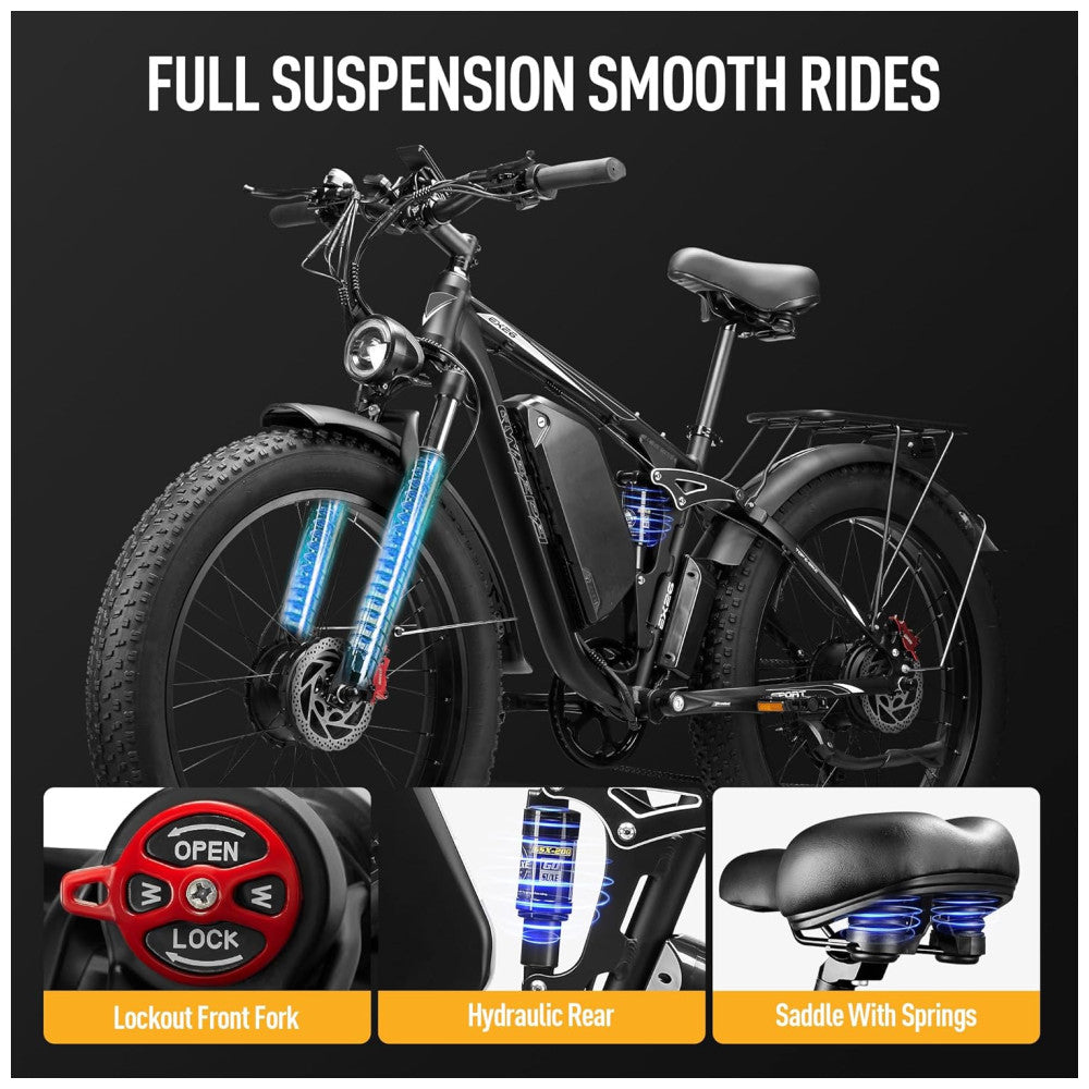 Bicicleta Elétrica Qweepei E7 48V, Motor 3000W, Bateria 48V 23Ah Removível, Suspensão Total com Garfo Dianteiro Trava e Amortecedor Traseiro, Freios Hidráulicos a Disco Duplos, Rodas 24 26 Todo Terreno, 7 Marchas, Display LCD Inteligente, PRETA
