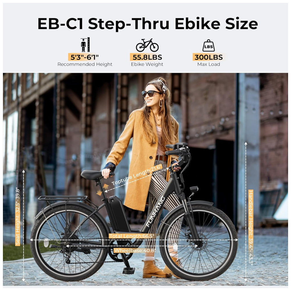 Bicicleta Elétrica Funhang EB C1 1000W com Bateria Removível 48V, 7 Velocidades e Tela LCD para Deslocamento Diário, PRETA
