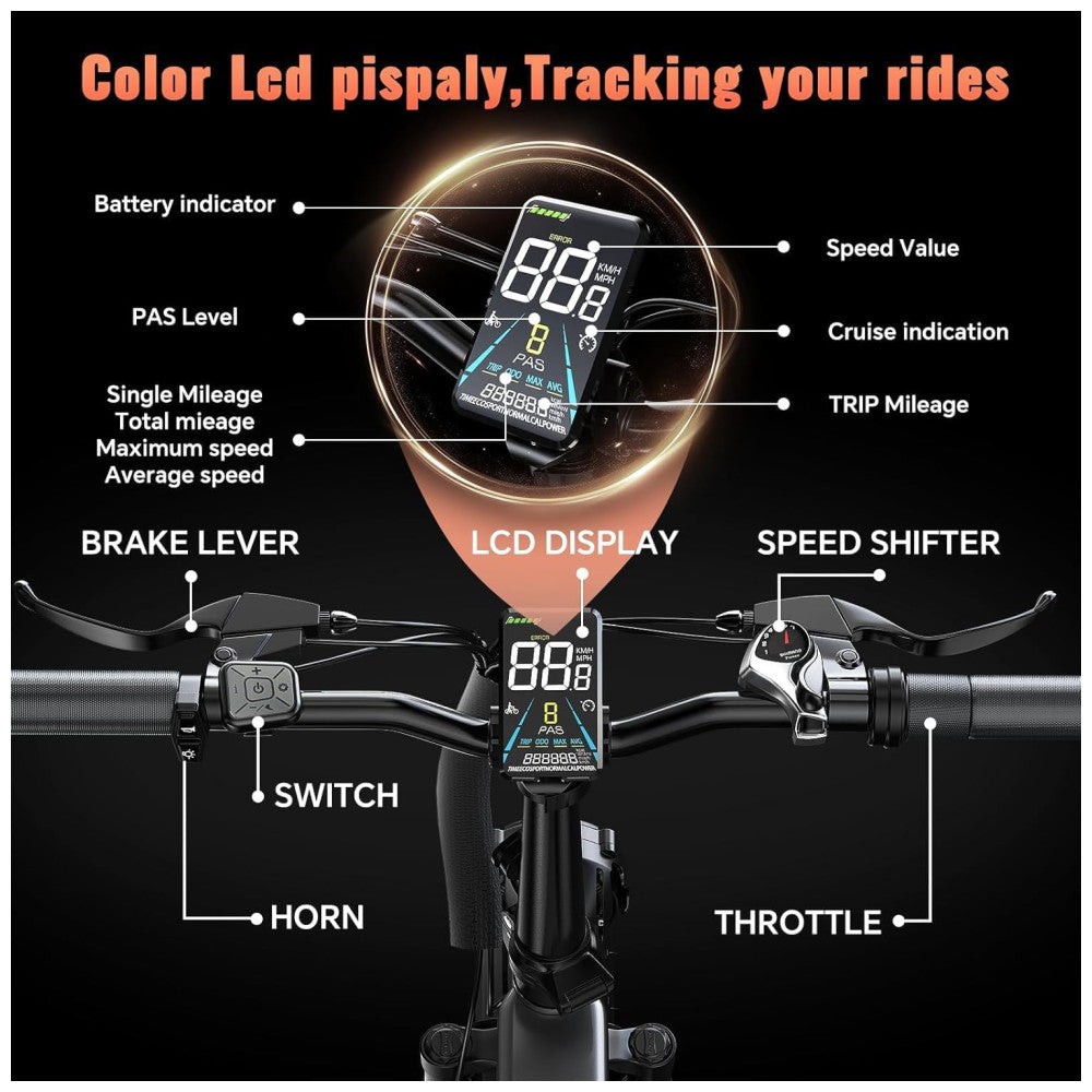 Bicicleta Elétrica Dobrável 750W Pico 1500W , 52V 20Ah, Autonomia 112 km, Rodas 20 x4 , Suspensão Dupla, 7 Marchas, Freios a Disco, LCD Colorido, Cinza