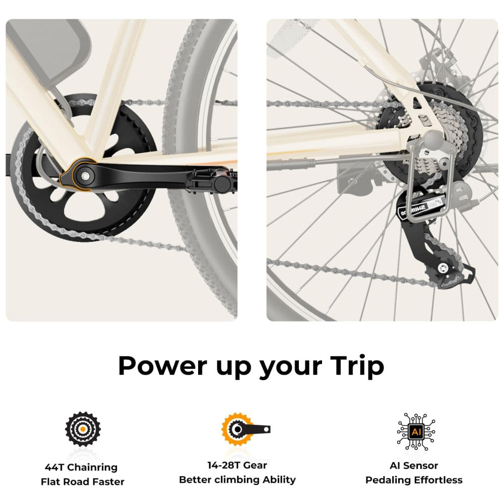 Bicicleta Elétrica Jasion RetroVolt 26" Cáqui | Motor 350W, Bateria 36V 360Wh, 7 Velocidades, 4 Modos de Condução