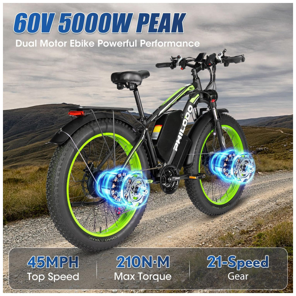 Bicicleta Elétrica PHILODO H7 Ultra – Motor Brushless 5000W, Pneus Fat 26"x4", Bateria 60V 26Ah, 21 Velocidades, Freios Hidráulicos