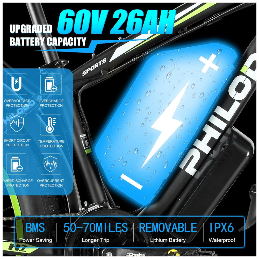 Bicicleta Elétrica PHILODO H7 Ultra – Motor Brushless 5000W, Pneus Fat 26"x4", Bateria 60V 26Ah, 21 Velocidades, Freios Hidráulicos