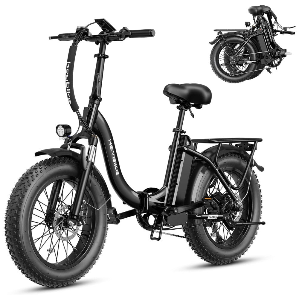 Bicicleta Elétrica Dobrável Heybike Ranger 2.0 Preta | Autonomia 88 km, Velocidade 40 km/h, Motor Potente, Pneus 20"x4", Suspensão Frontal, Freios a Disco